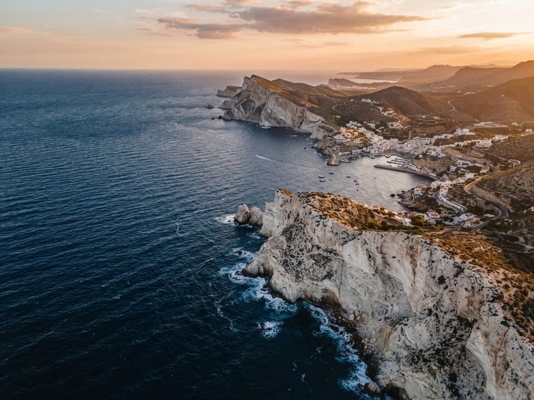 Cinematic aerial view of Andalusian coastline, golden hour light, deep blue ocean meeting white cliffs, sharp composition, 35mm lens