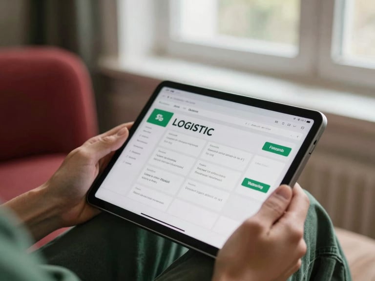 Close-up of hands on a tablet, reviewing a complex logistics dispatch interface, soft natural light, matte forest green accents.