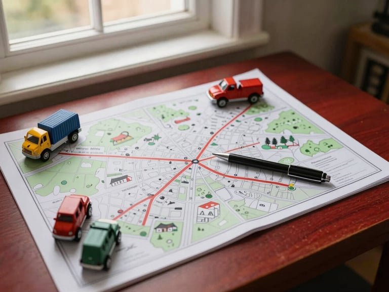 Overhead flat lay of a planning board with route maps and small toy trucks, a pen marking a new path, warm Scandinavian-style interior lighting.