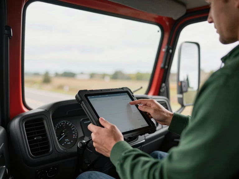 Medium shot of a truck driver checking a ruggedized tablet inside a clean, modern truck cabin, soft window light, focus on the screen.