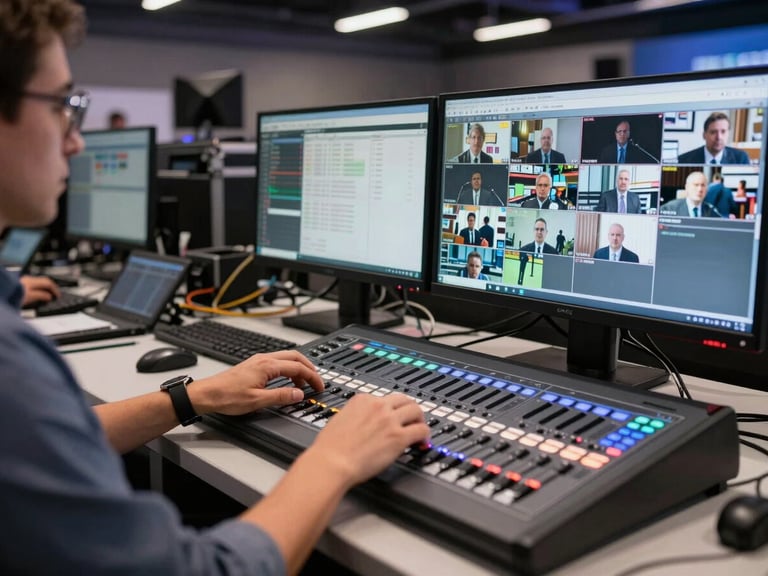 Medium shot of a broadcast operator seated at a multi-monitor control desk during an active corporate event, hands on a hardware switcher panel with multiple feed thumbnails visible on screens, harsh overhead venue lighting, cables and equipment racks visible in the background, no eye contact with camera, focus on working hands and screens