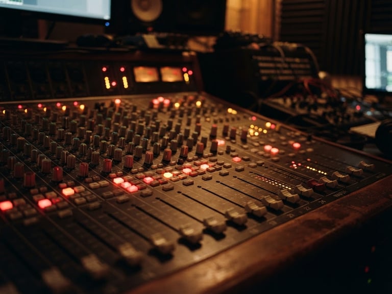 Warm cinematic shot of a professional audio mixing console in a dimly lit studio, glowing red and gold LEDs, shallow depth of field, 35mm film grain