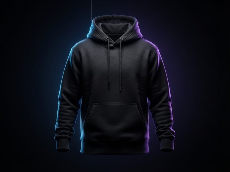 A hyper-realistic 3D garment mockup of a heavyweight black hoodie suspended in a dark studio, glowing neon blue backlights highlighting the fabric texture, 8k resolution.