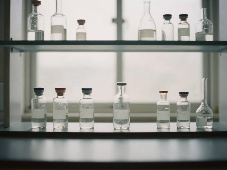 Minimalist laboratory interior with clean glass vials, soft overcast light, desaturated earth tones.