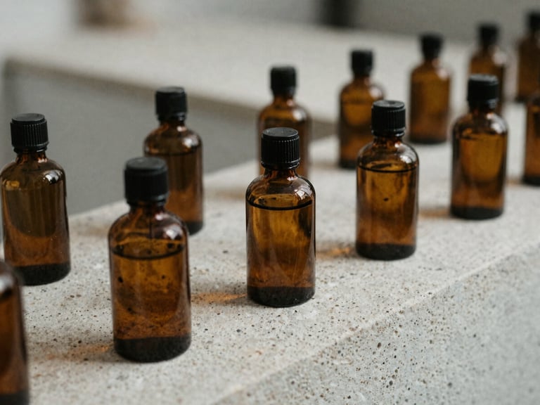 Close-up of amber glass apothecary bottles on a raw stone ledge, natural shadows, soft diffused daylight.