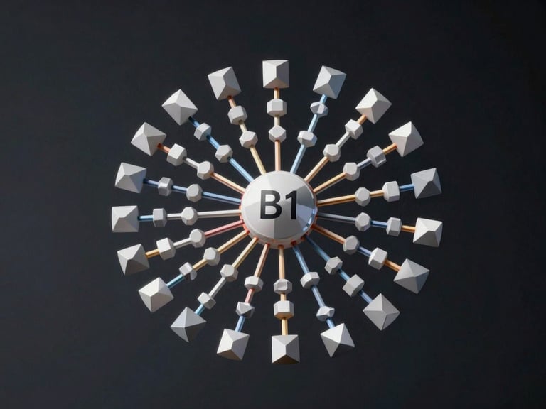 Orthographic technical drawing of a B1 Node sharding data, clean geometric particles dispersing from a central core, high-contrast studio lighting, deep obsidian background.