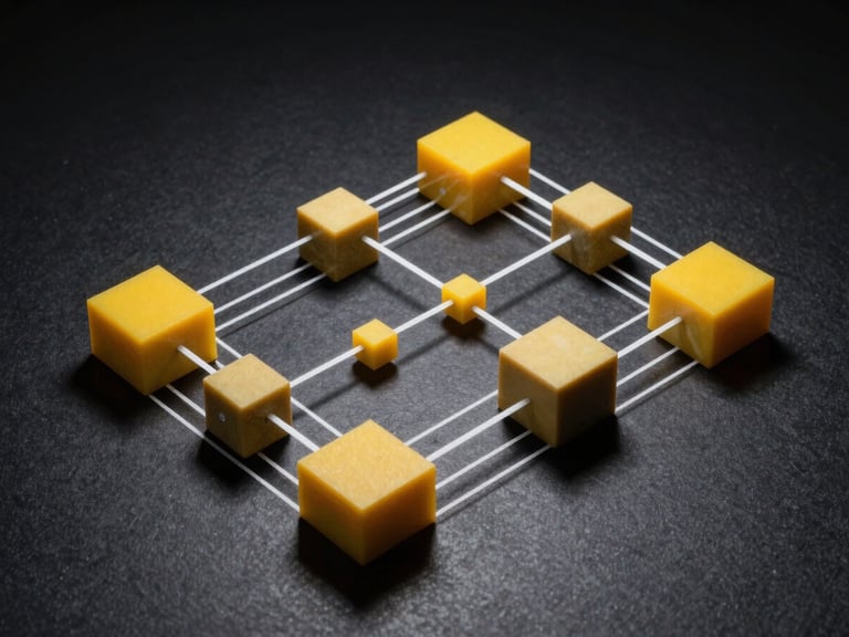 Orthographic technical schematic showing data sharding into geometric particles, stark high-contrast studio lighting, sharp white lines on deep obsidian background with solar-yellow accents.