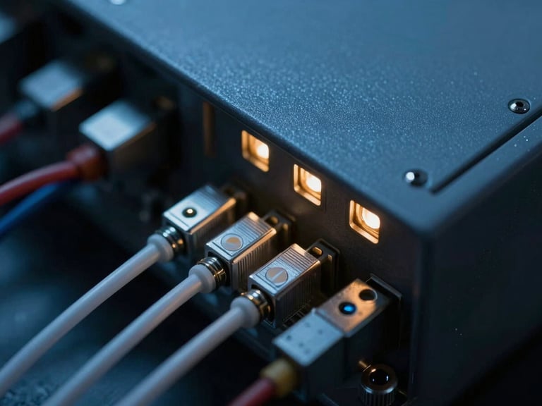Macro detail of a physical fiber-optic junction box with a subtle amber glow, cold tactical lighting, intricate wiring, 35mm.