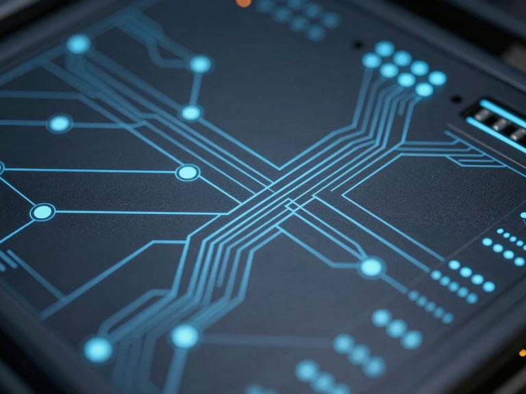 Close-up of abstract vector schematics depicting quantum routing paths, cold blue and slate tones, sharp digital lines, 35mm.