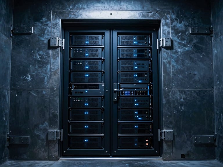 Imposing architectural shot of a secure data bunker entrance, low-key blue lighting, heavy steel door, 35mm.