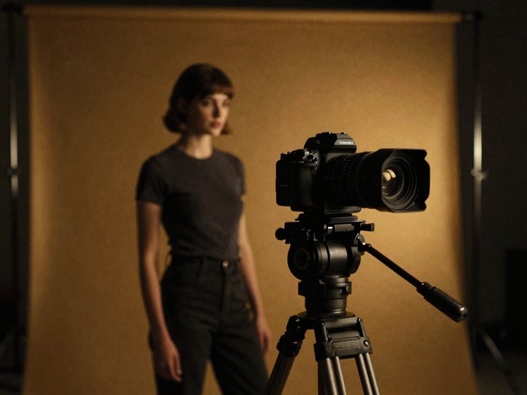 Behind-the-scenes shot of a commercial photography setup, high-end camera on a tripod, dramatic low-key lighting, rich gold and charcoal tones, anamorphic lens, 35mm grain, a model subtly posed off-center.