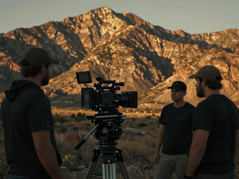 A film crew on location in the Utah mountains during golden hour, setting up a shot with a large cinema camera, dramatic low-key lighting, rich gold and charcoal tones, anamorphic lens, 35mm grain.
