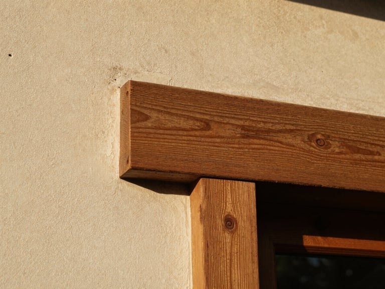 Close-up of textured rough plaster and aged oak joinery, soft golden hour light, architectural detail, 35mm film grain