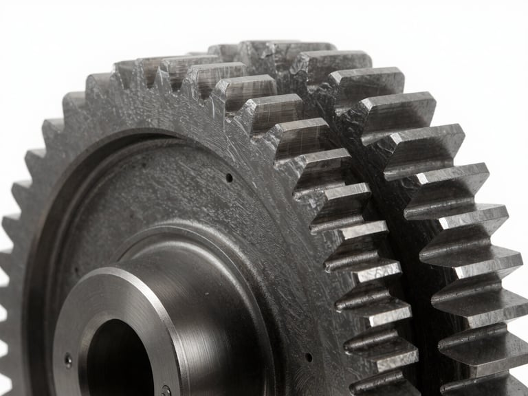 High-contrast photography of a large industrial gear, metallic slate finish, technical studio lighting