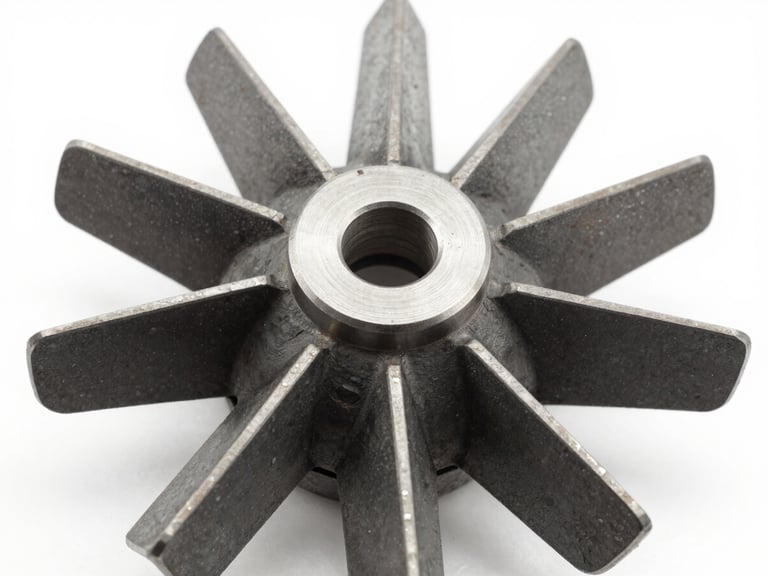 Macro shot of a heavy industrial metal impeller, cool high-contrast lighting, technical precision