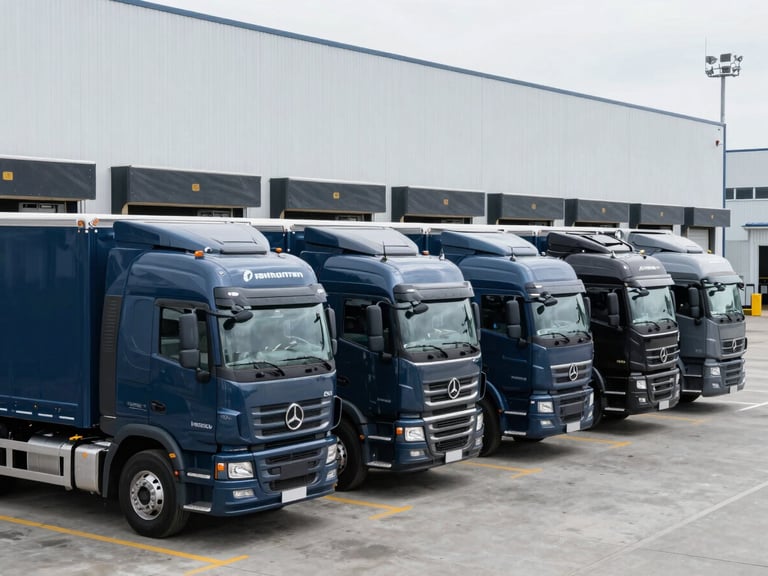Industrial corporate photography of a fleet of modern logistics trucks lined up at loading bays of a massive distribution center, cool daylight, sharp focus