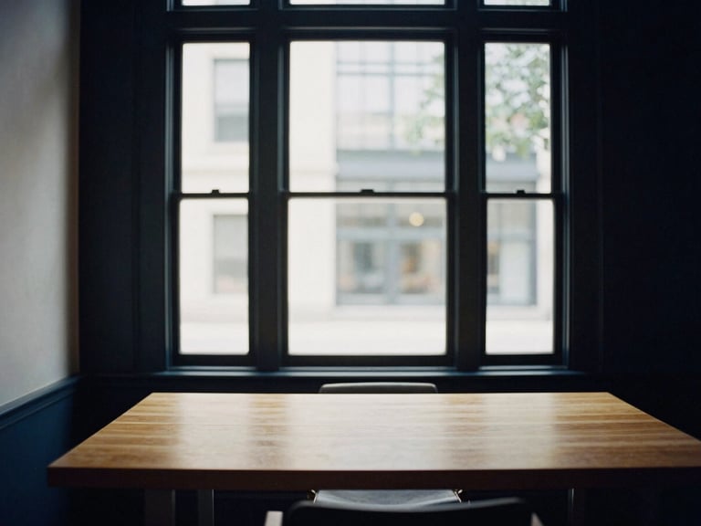 Quiet professional office interior in Charleston, minimalist wooden table, soft natural light filtering through tall windows, medium format film style.