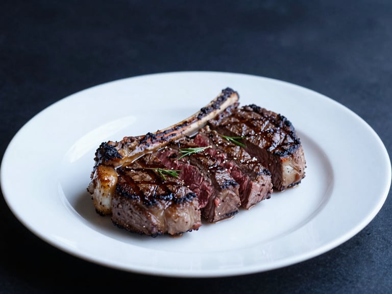 Juicy thick-cut ribeye steak grilled to medium-rare, served on a clean white plate, dark background, dramatic side-lighting