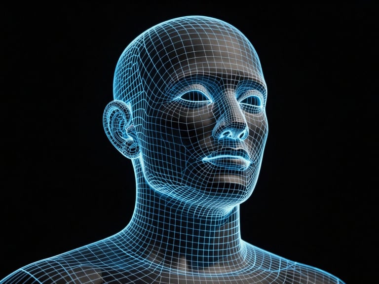 Extreme close-up of a digital 3D wireframe model of a monumental sculpture, neon blue lines glowing against an absolute black background, high technical detail.