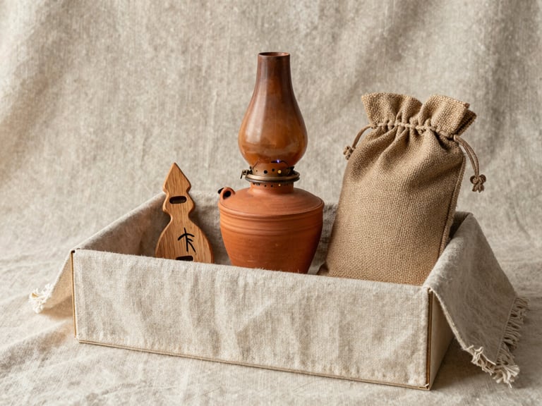 Wide straight-on product study of a curated festive hamper — terracotta oil lamp, folded jute pouch, and a small wooden carved piece arranged on undyed cotton cloth, north-facing daylight, no foliage or festive decoration, raw material surfaces as sole visual subject