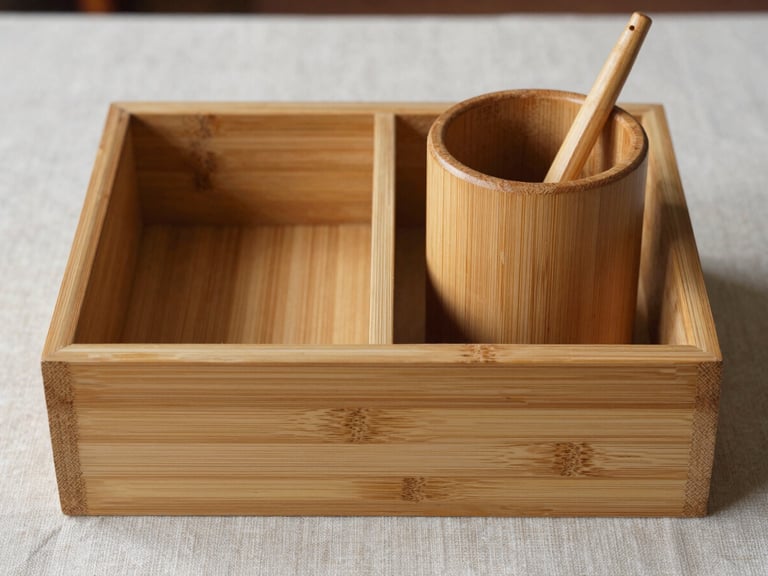 Close-up straight-on study of a finished bamboo desk organiser and a hand-turned wooden pen holder side by side on a raw linen surface, north-facing daylight raking across the bamboo joints and wood grain, no props or office context, material texture as sole subject