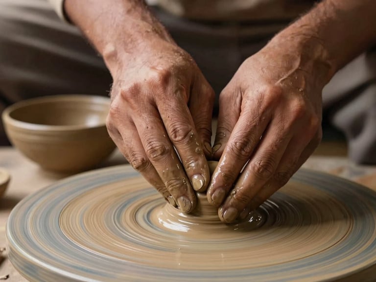 Straight-on macro study of a Khurja potter's hands pressing a thumb into wet terracotta clay, ridge lines of the fingerprint visible in the clay surface, single finished bowl in soft focus behind, north-facing daylight illuminating the clay's warm ochre tone
