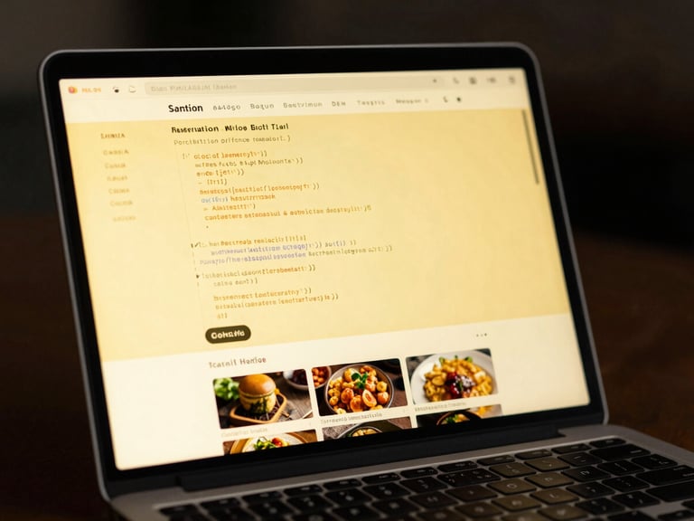 Close-up of a modern laptop screen showing clean code and a local Malaysian restaurant website mockup, dramatic yellow screen-glow, dark background.