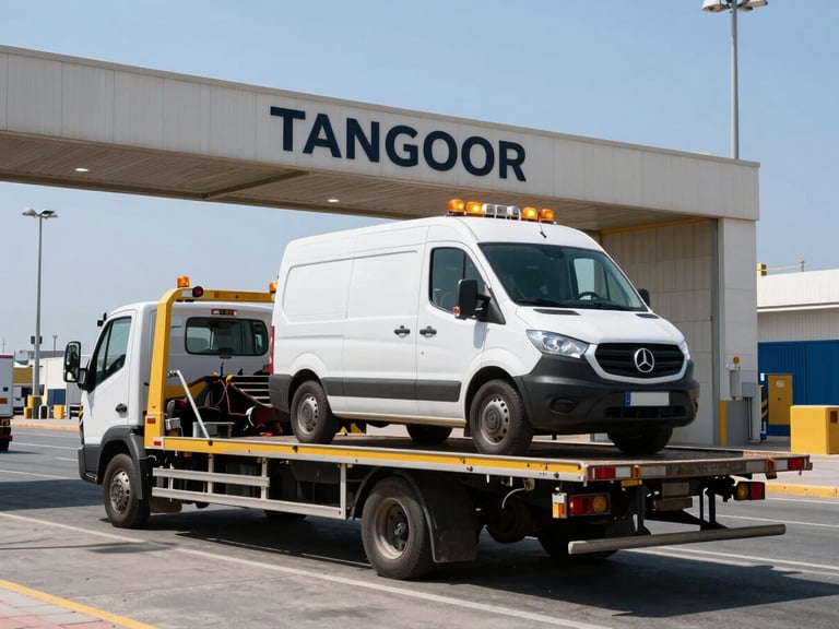 Vehicle securely transported on a flatbed tow truck, wide shot near the Tangier Med port entrance, high-visibility daylight, sharp focus, 35mm