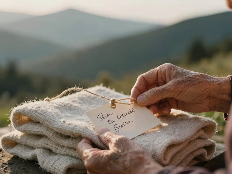 Hands of an elderly woman artisan holding a handwritten paper tag tied with organic hemp string to a folded woolen textile, warm golden-hour side lighting.