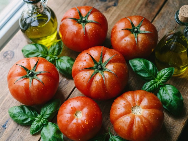 A vibrant overhead flatlay of organic heirloom tomatoes, fresh basil leaves, and olive oil bottles on a rustic wooden table, soft natural daylight, rich crimson and forest green tones, 35mm film aesthetic.