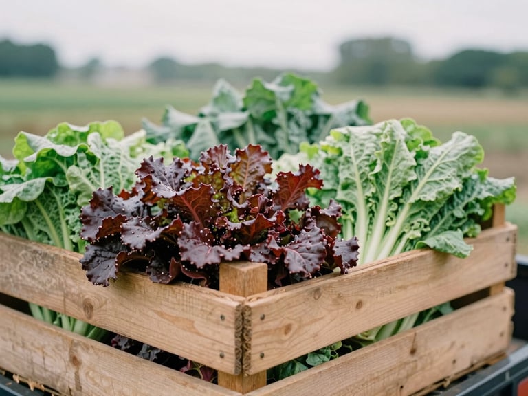 Close-up of a rustic wooden crate filled with leafy green vegetables on a farm trailer, soft overcast daylight.