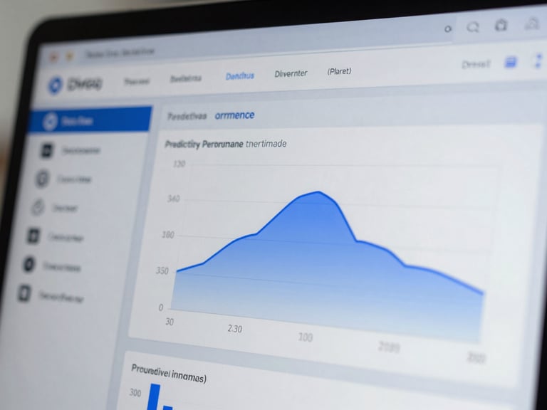 Close-up of a clean data visualization interface showing predictive performance metrics, cool blue and slate tones, crisp corporate style