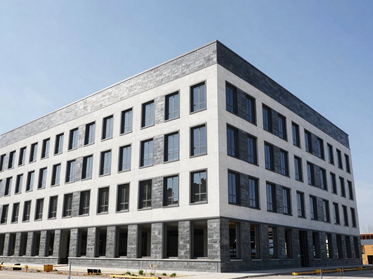 Wide-angle view of a modern commercial building under construction, clean lines, bright natural Alberta daylight, high-contrast, 35mm lens.