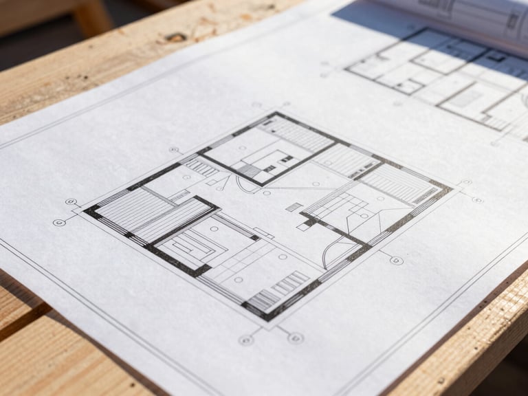 Architectural blueprints laid out on a clean job site table, close-up, focused on details, bright natural Alberta daylight, high-contrast, 35mm lens.