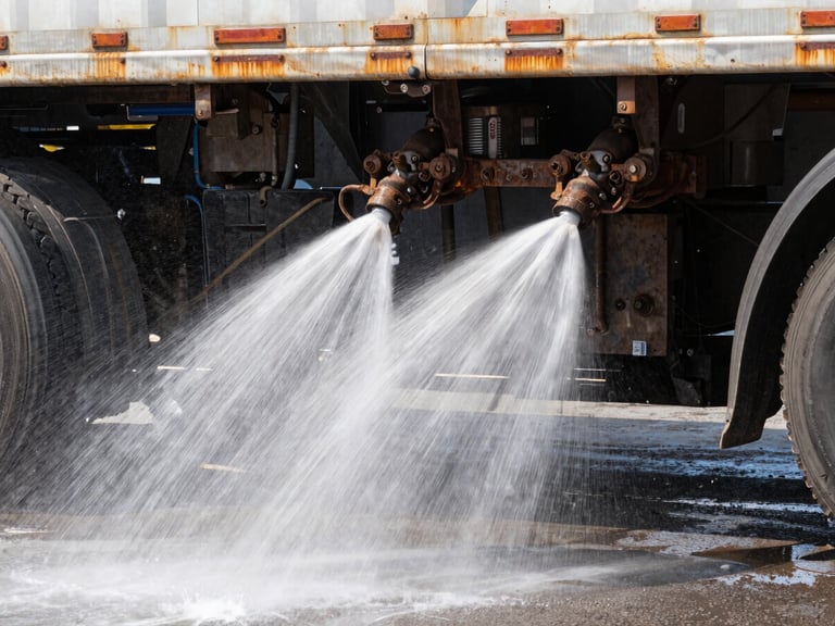 Close-up shot of high-pressure water jets spraying the rusty undercarriage of a semi-truck, heavy water mist, dramatic industrial lighting.