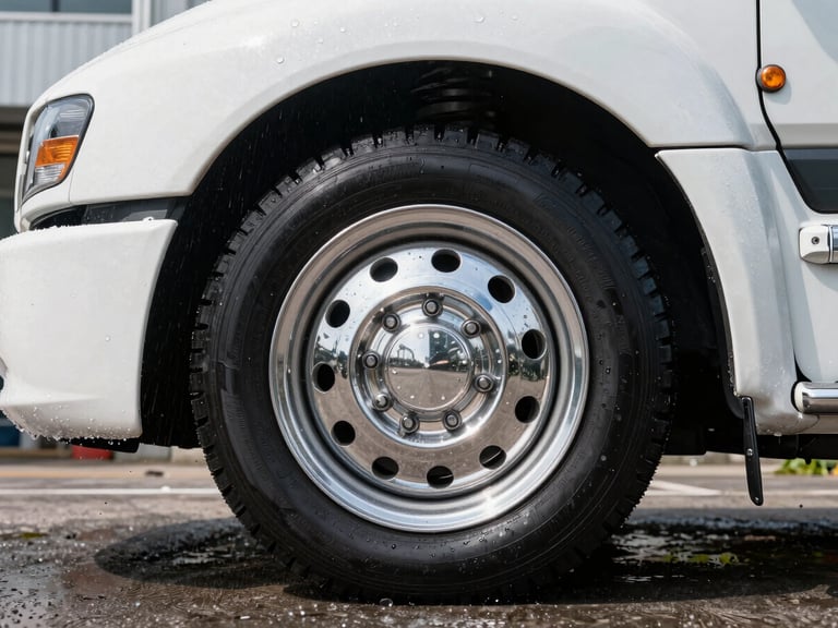 Low-angle shot of a clean semi-truck wheel with polished chrome rims, water droplets reflecting bright daylight, professional truck wash bay.