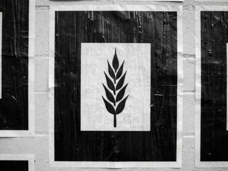 Close-up shot of black and white wheatpasted posters on a brick wall with direct flash lighting, wet paper texture.