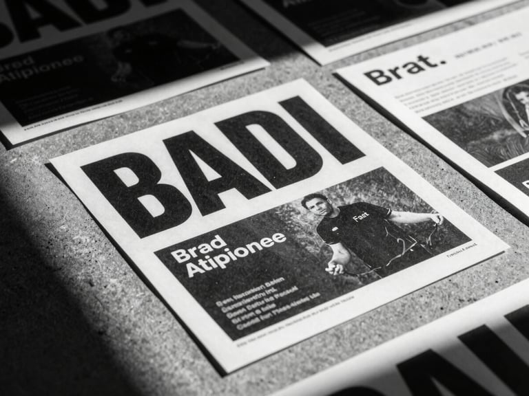 Extreme close-up, high-contrast black and white photo of printed campaign mockups on a raw concrete floor, harsh direct flash, heavy shadow.