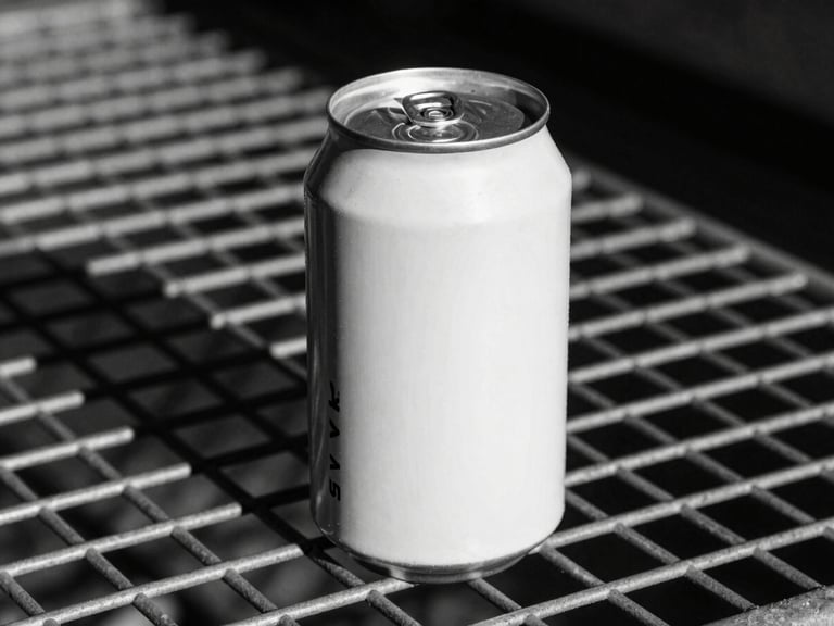 Stark close-up of a printed aluminum can mockup sitting on a raw metal grid, harsh sunlight, deep dramatic shadows.