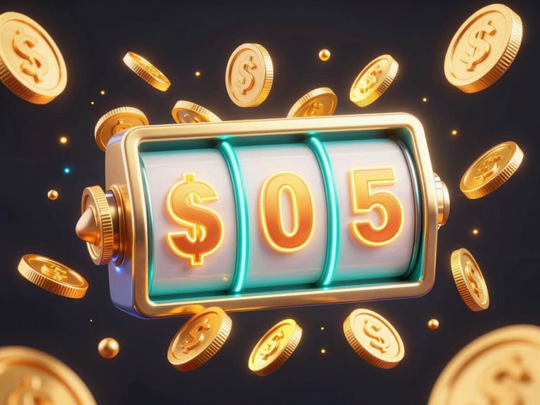 Vibrant 3D render of glowing golden coins exploding out of a digital neon slot reel, high-contrast dark background with gold highlights, octane render
