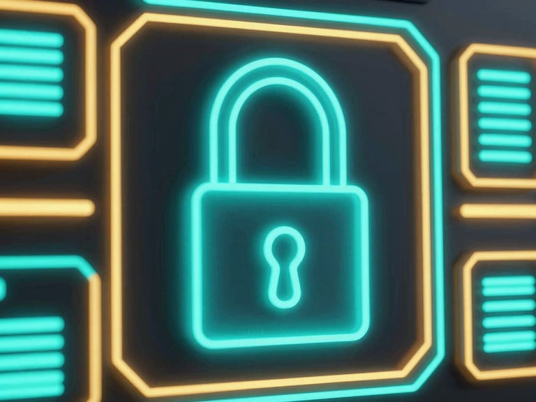 Close-up vibrant 3D render of a glowing neon cyan security lock integrated into a high-tech digital gaming interface, dark background, octane render