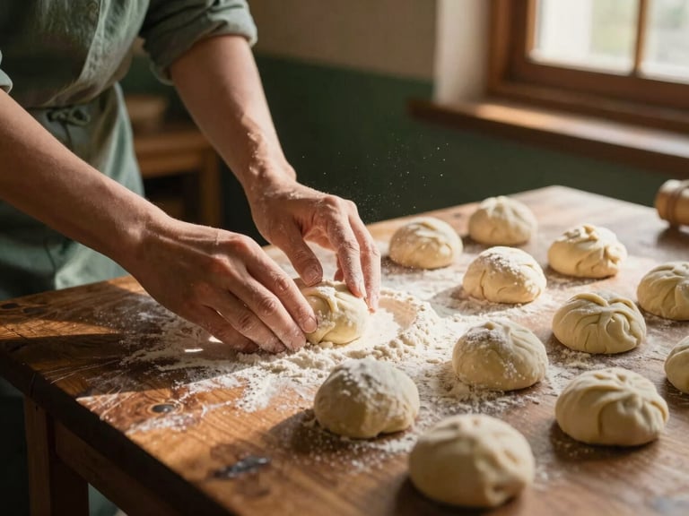 Hands dusting flour over freshly shaped pandebono dough on a dark wooden table, warm golden-hour light, rustic bakery setting.
