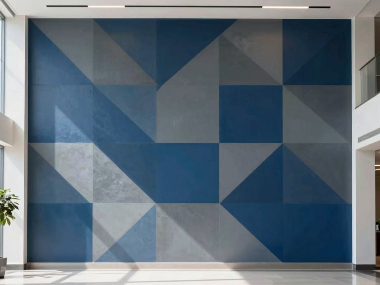 Symmetrical shot of a large custom geometric wall mural in a modern office lobby, deep blue and cool slate gray tones, bright natural daylight