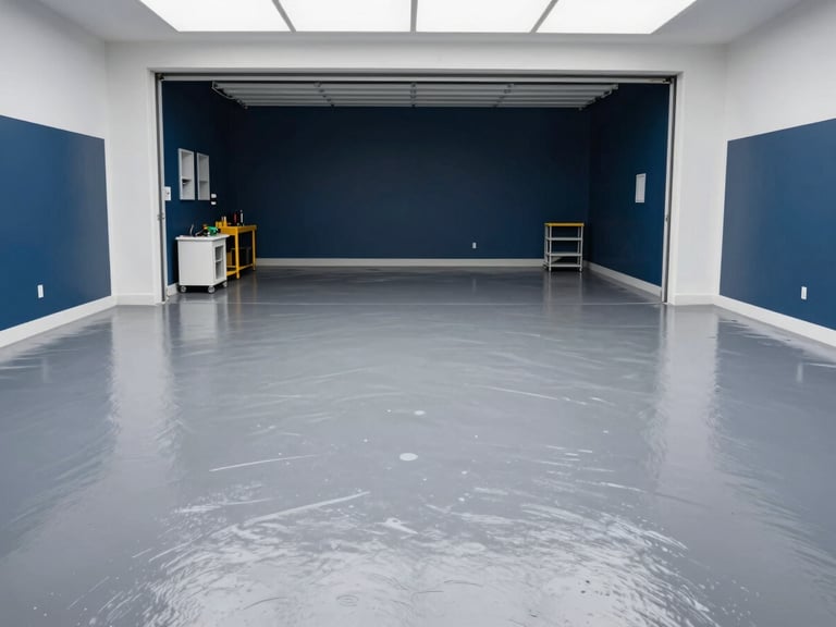 Straight-on architectural shot of a clean garage floor with high-performance gray epoxy coating, neat organized equipment, crisp white commercial lighting