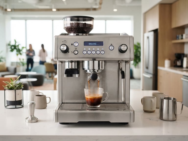 A clean commercial bean-to-cup espresso machine pouring fresh espresso into a glass cup in a bright, modern corporate breakroom, 35mm lens.