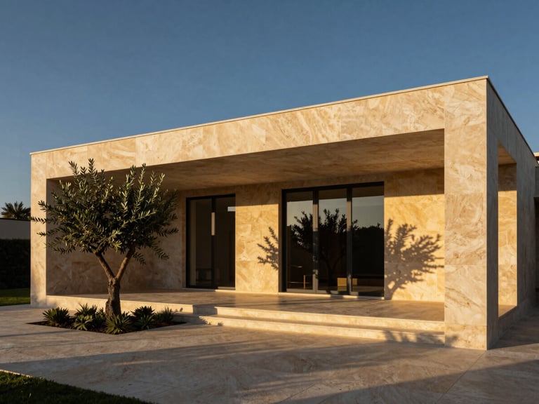 Wide architectural exterior of a luxury modern pavilion at golden hour, sharp shadows on travertine stone, minimalist landscaping with a single olive tree
