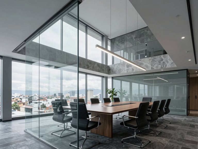 Structured architectural shot of a modern corporate boardroom in Quito, bright cool daylight, clean glass and slate gray tones.