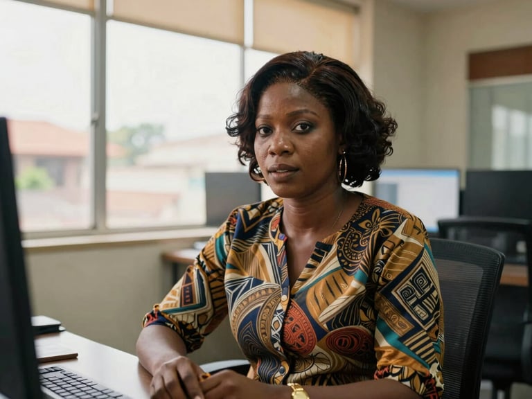 Documentary portrait of a professional Nigerian female journalist in a modern Lagos newsroom, natural window light, 35mm documentary style.
