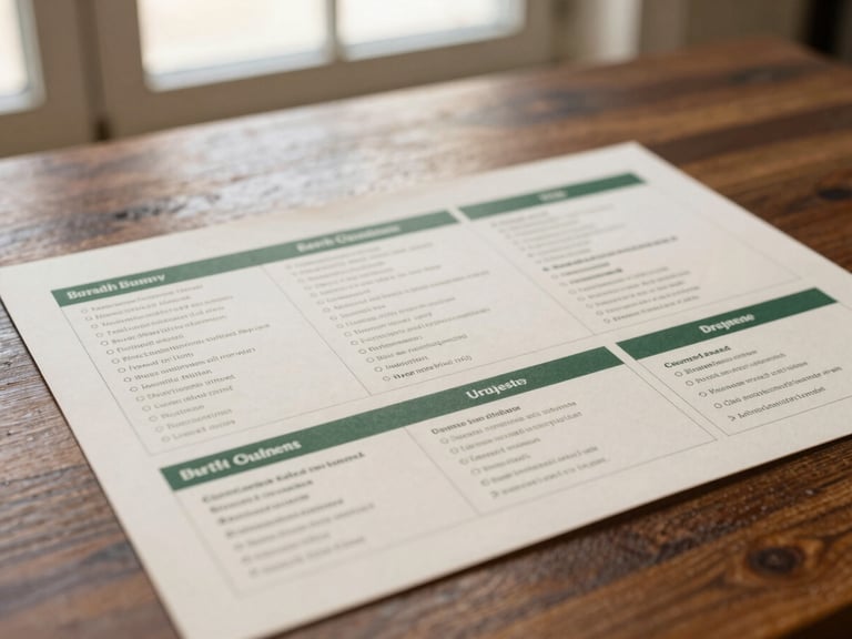 High-quality close-up of printed brand guidelines on a polished dark wood table, soft natural window light, warm editorial photography, muted forest green and cream tones, shallow depth of field, 35mm.