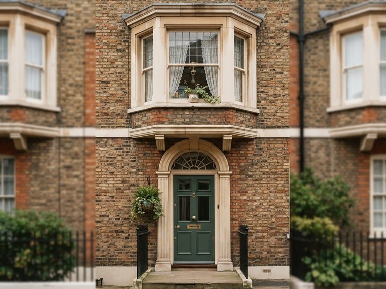 Architectural detail of the Revinon Hertford townhouse facade, soft natural overcast daylight, warm editorial photography, muted forest green and cream tones, shallow depth of field, 35mm.